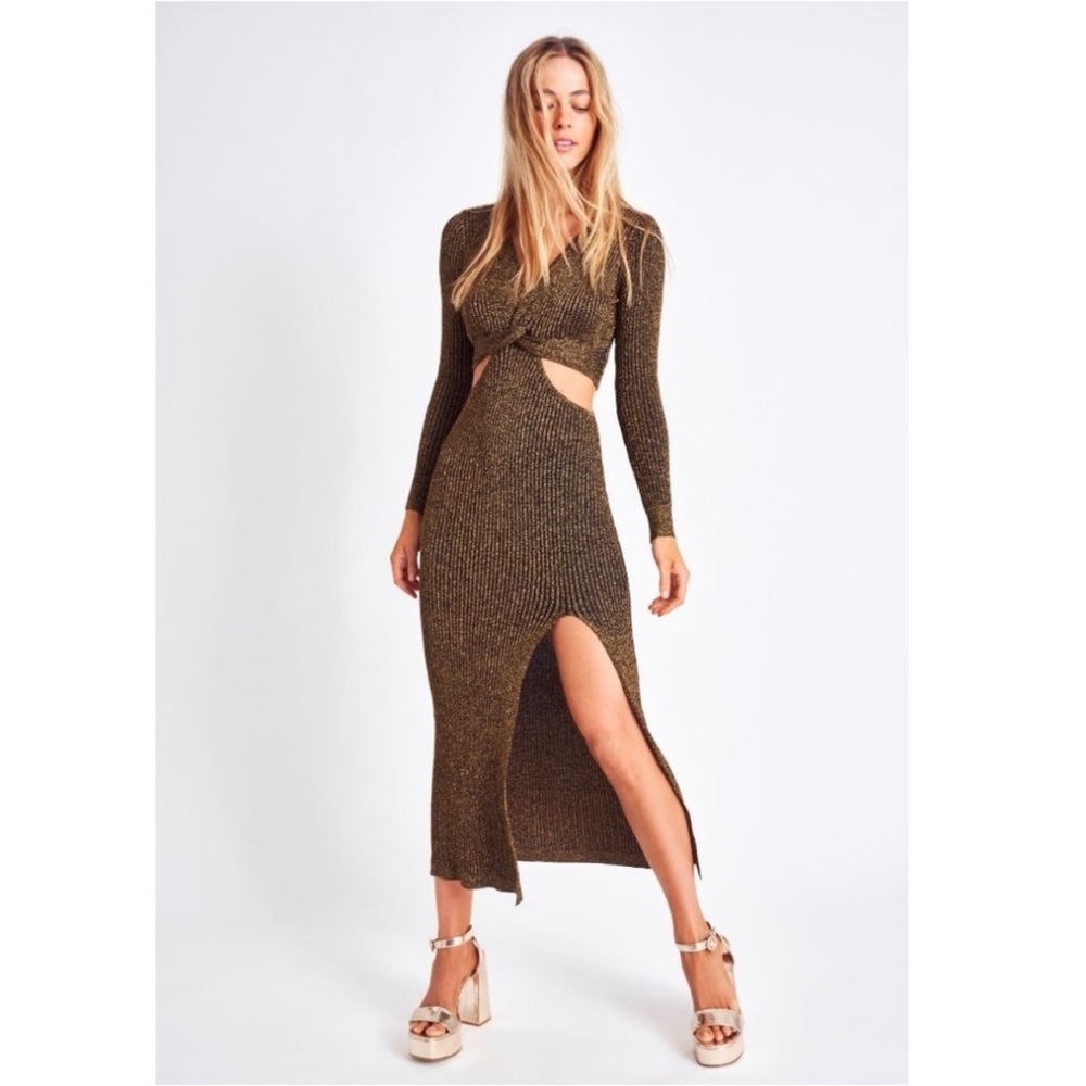 Loveshackfancy Black Metallic Bernette Ribbed Midi Dress XS